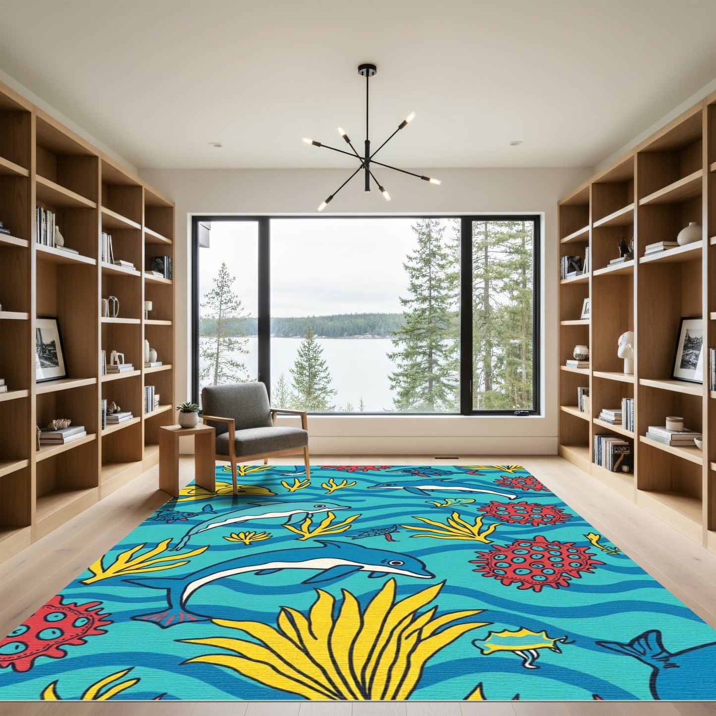 Whimsical Blue Dolphin Coral Sea Life Rug