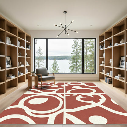 Terracotta White Abstract Organic Swirl Rug