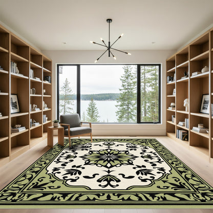 Olive Black Floral Medallion Vintage Rug