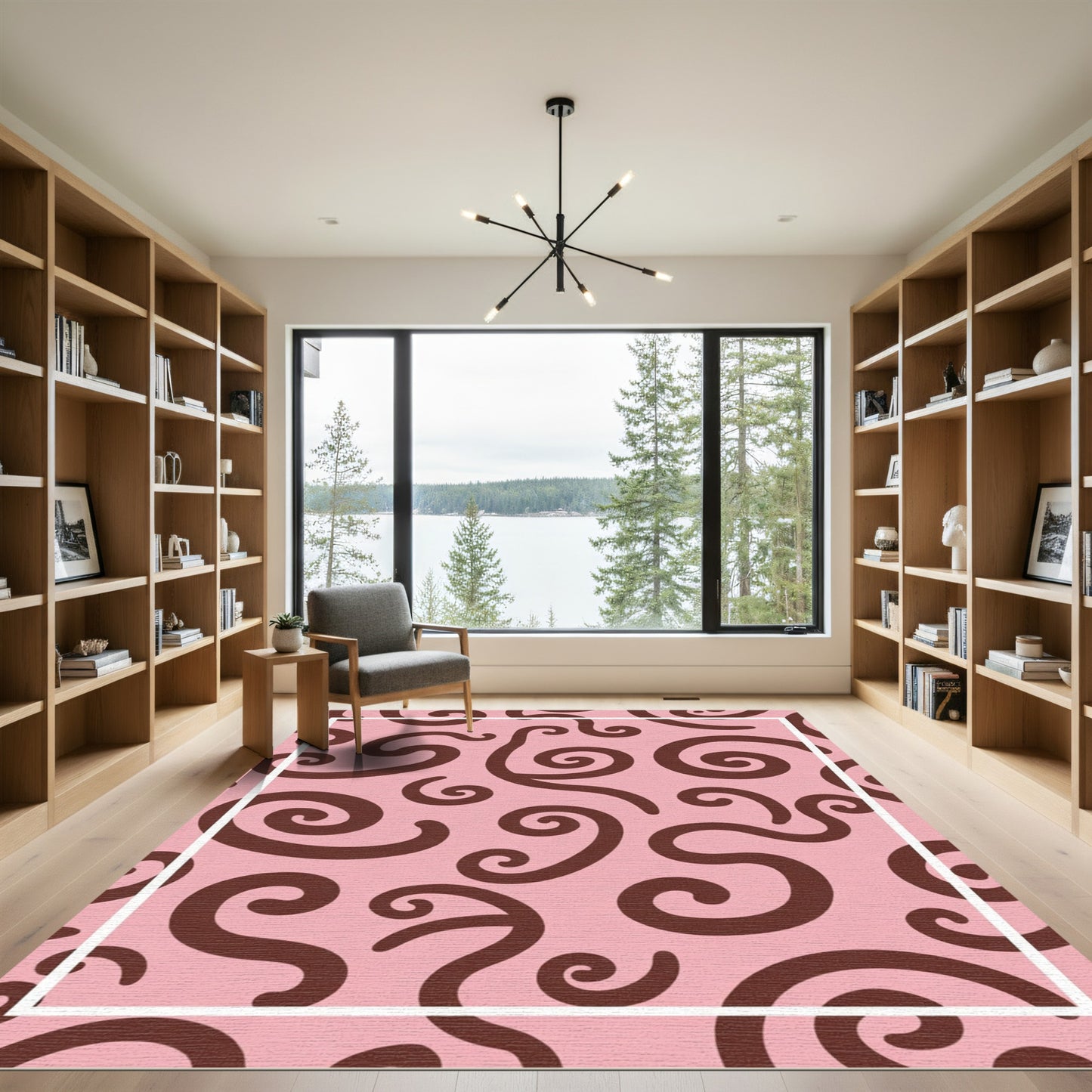 Pink Swirling Curves Abstract Rug