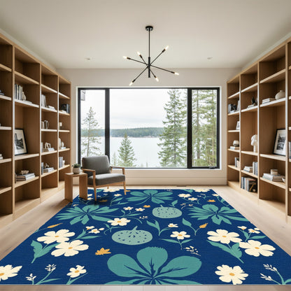 Deep Blue Botanical Floral Garden Rug