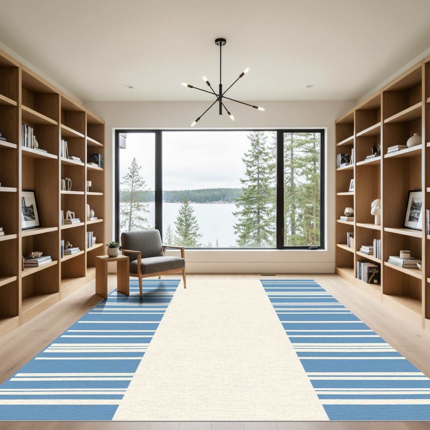Coastal Blue White Striped Border Rug