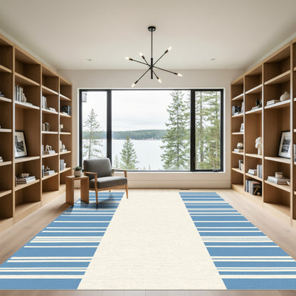 Coastal Blue White Striped Border Rug