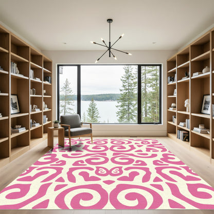 Fuchsia Cream Organic Swirl Abstract Rug