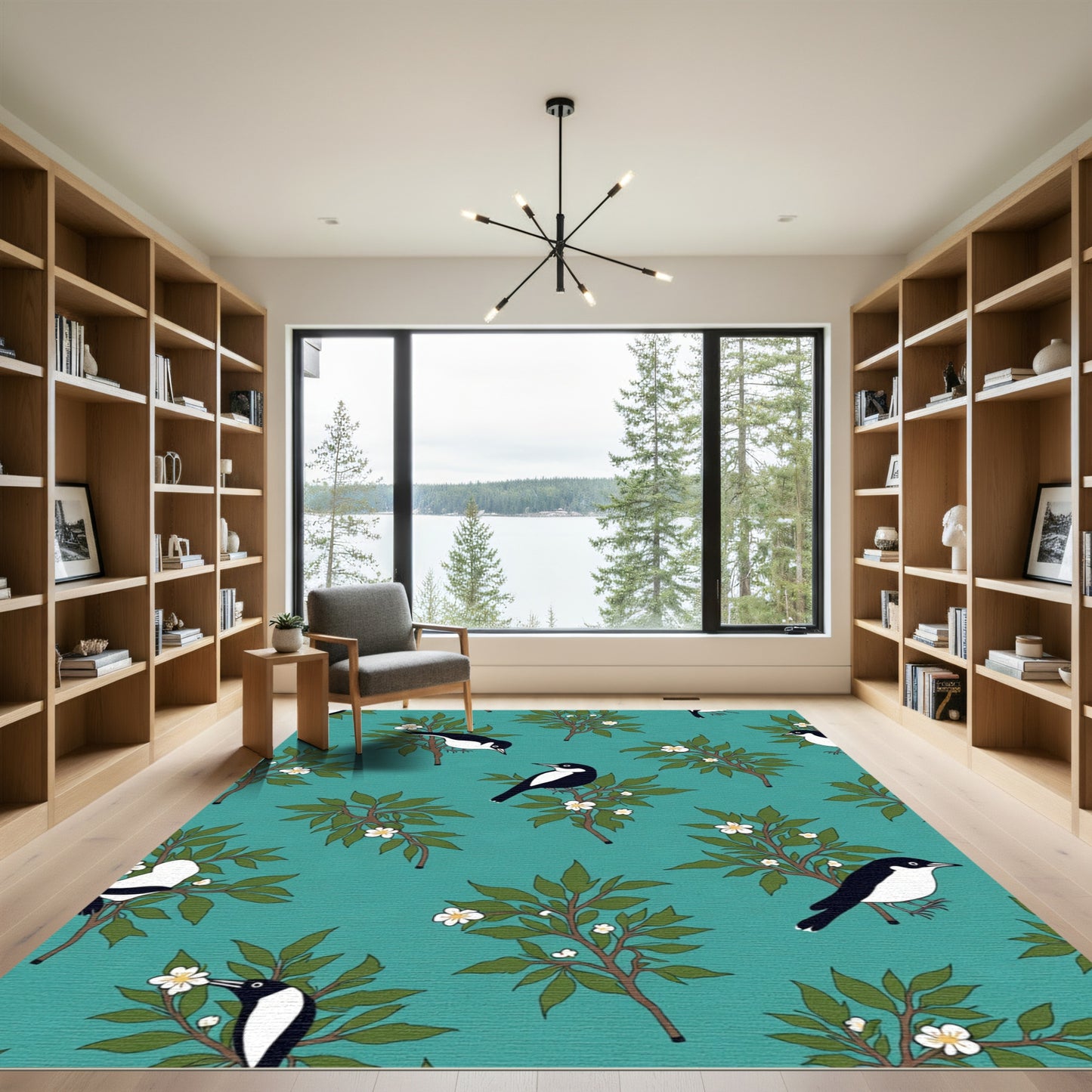 Teal Black White Bird Branch Floral Rug