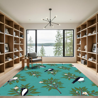 Teal Black White Bird Branch Floral Rug