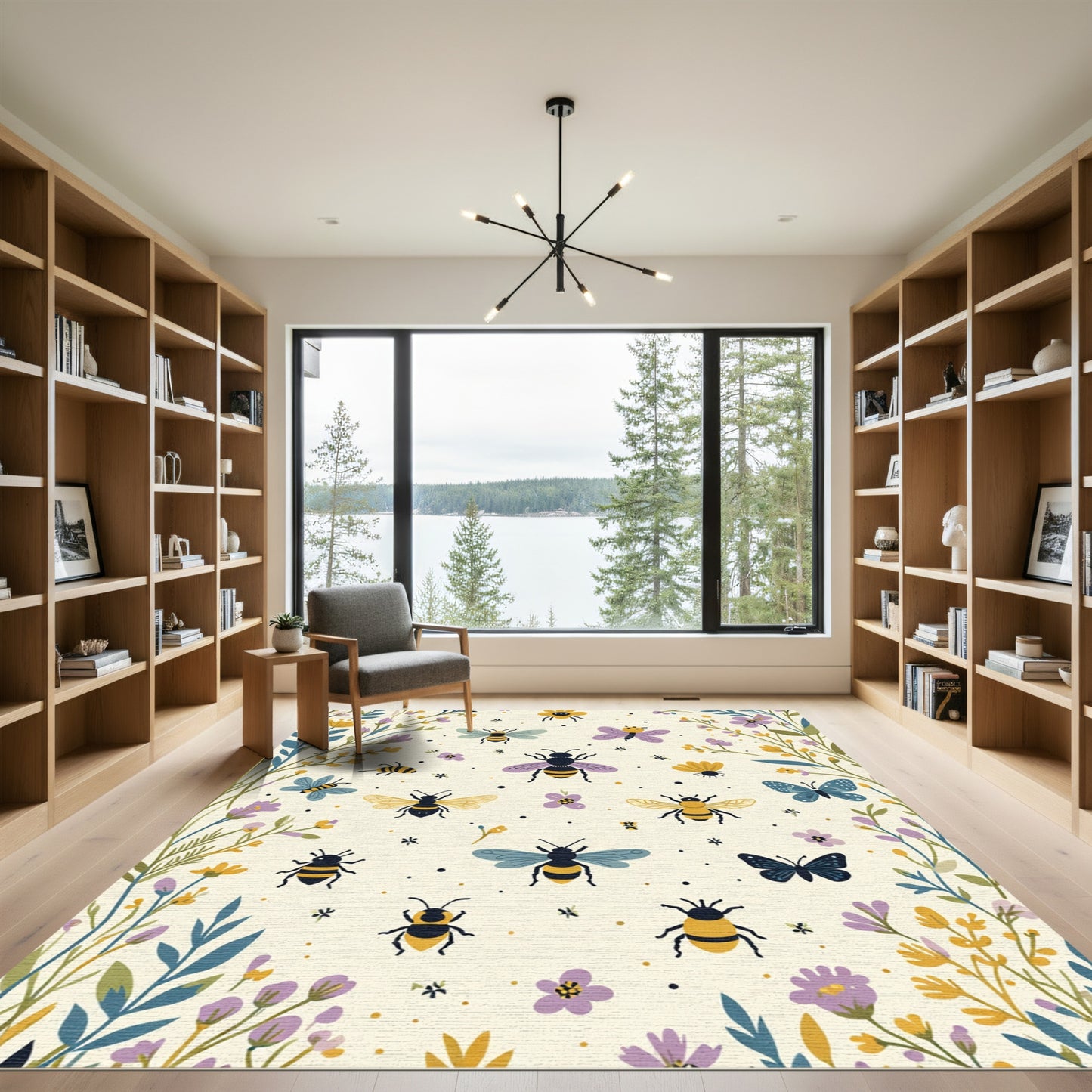 Whimsical Yellow Blue Butterfly Bee Meadow Rug
