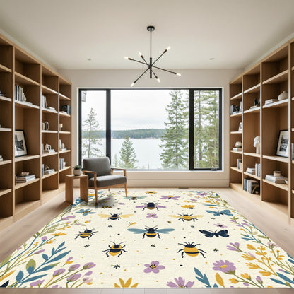 Whimsical Yellow Blue Butterfly Bee Meadow Rug