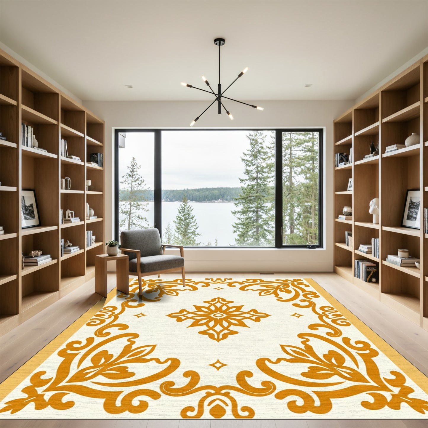 Golden Ochre Floral Scroll Medallion Rug