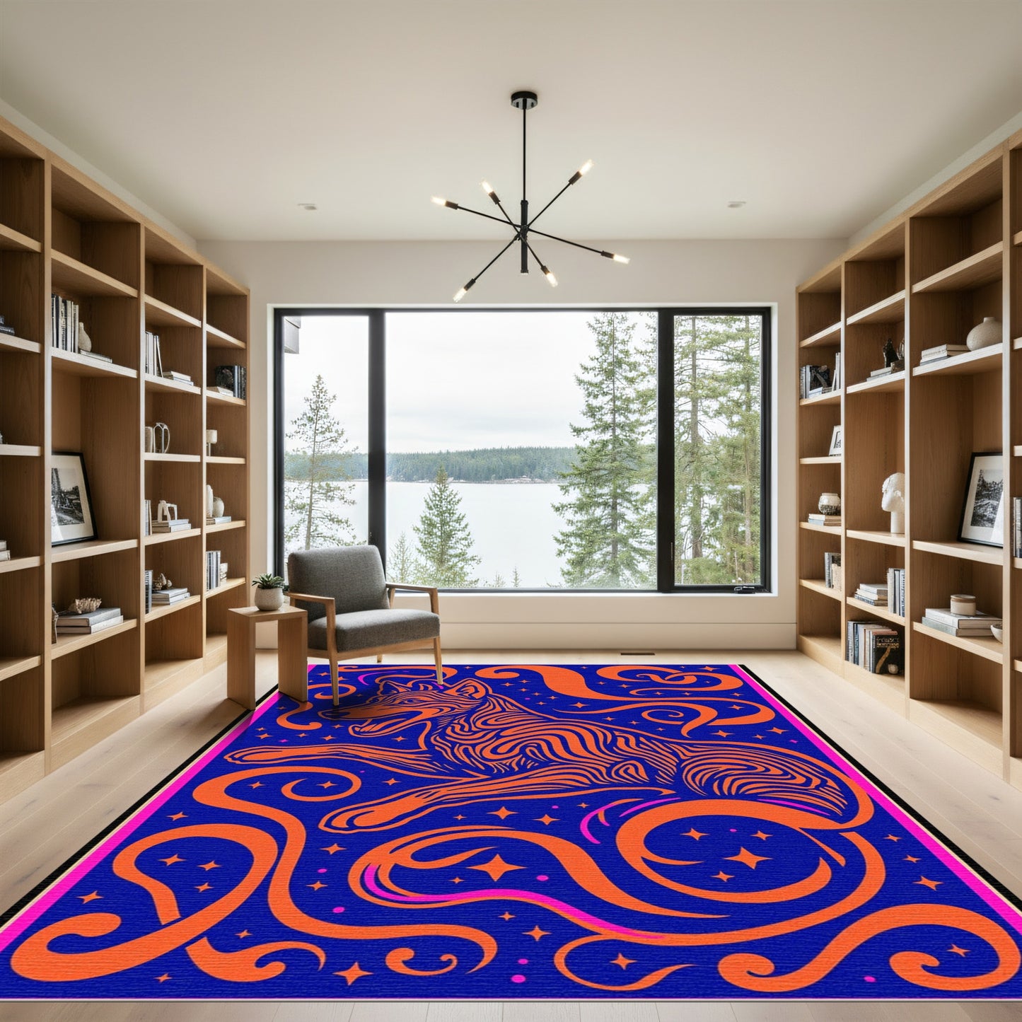 Orange Striped Dog Blue Starry Swirls Rug