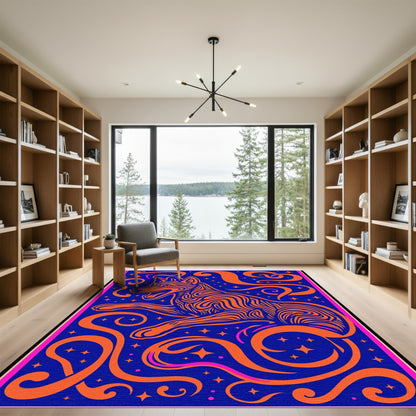 Orange Striped Dog Blue Starry Swirls Rug