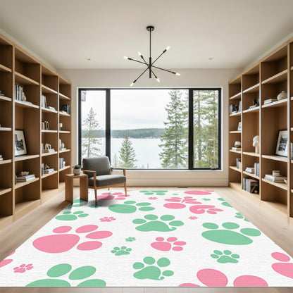 Playful Pink Green Paw Print Repeat Rug