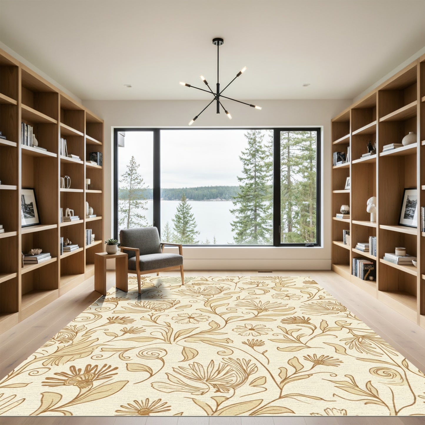 Vintage Tan Floral Vine Arrangement Rug