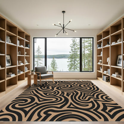 Black and Tan Swirling Lines Rug