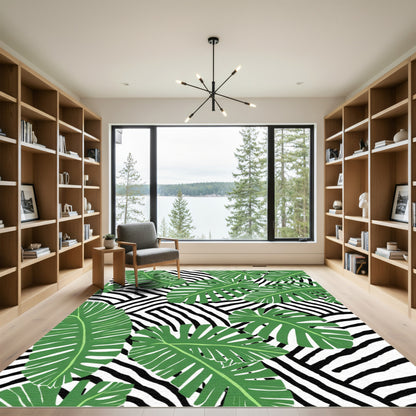Tropical Green Monstera Leaves Zebra Stripe Rug