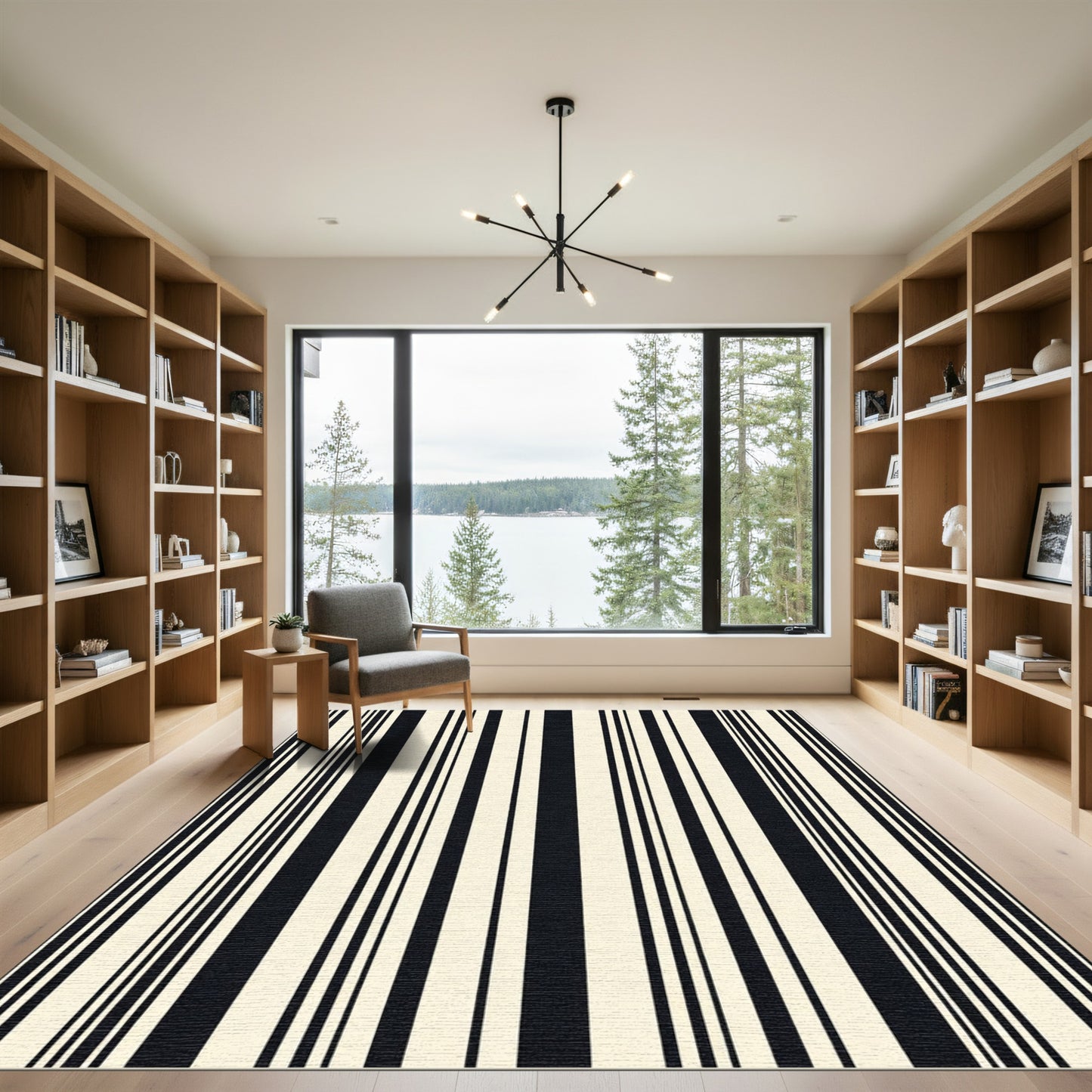 Modern Black Cream Vertical Stripes Rug