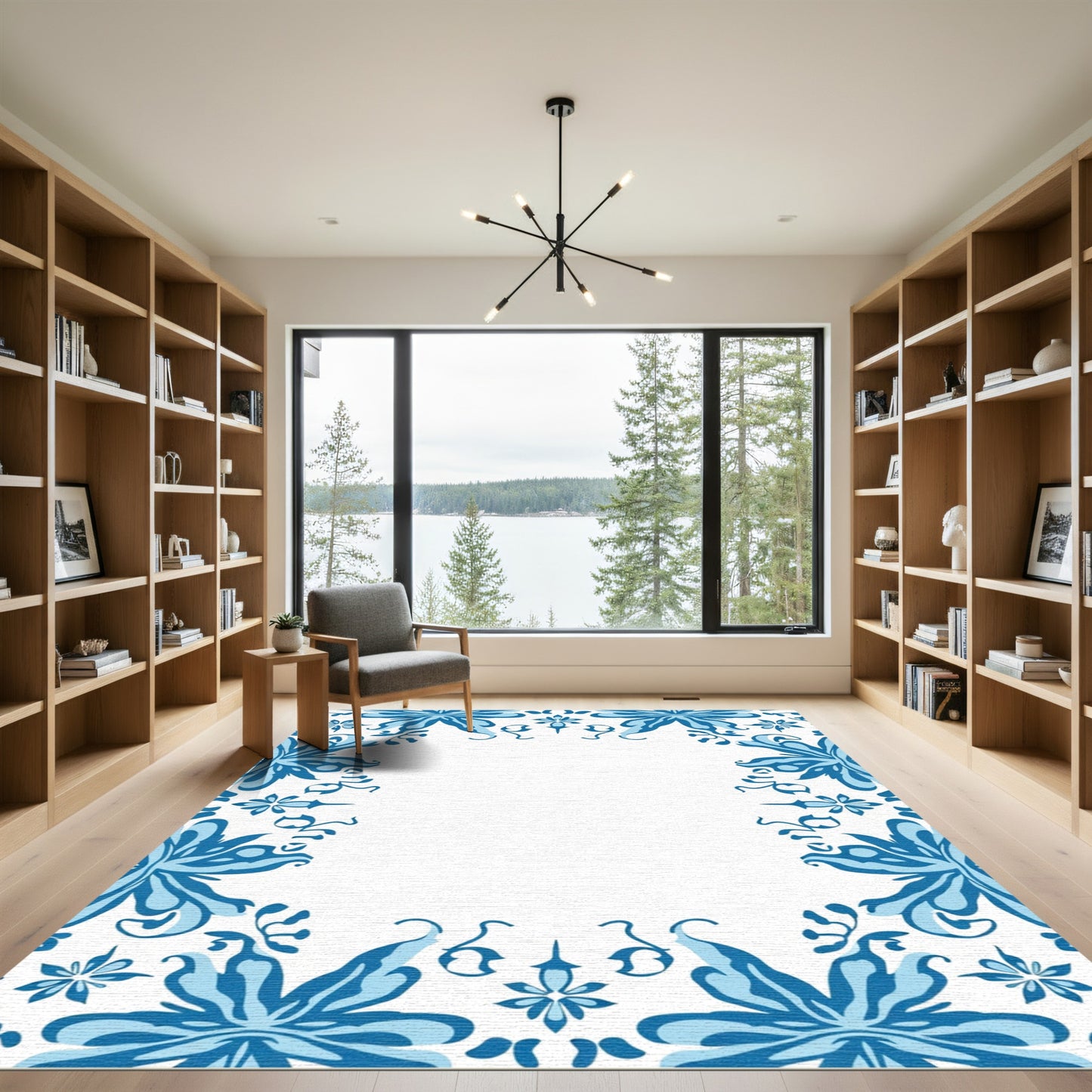 Blue Floral Swirl Border Rug