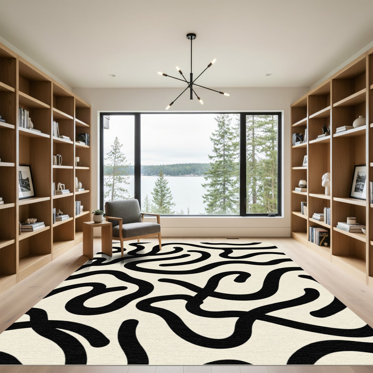 Black Organic Line Swirl Cream Rug