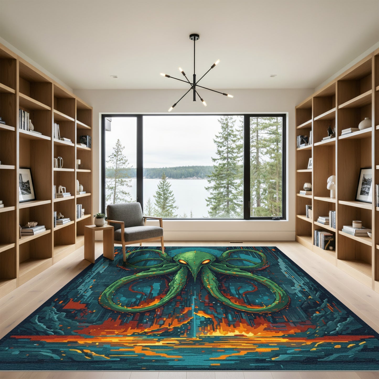 Green Tentacle Creature Pixel Landscape Rug