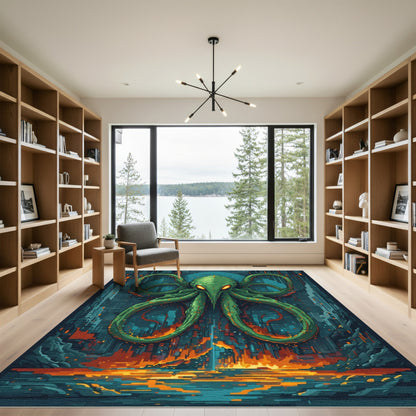 Green Tentacle Creature Pixel Landscape Rug