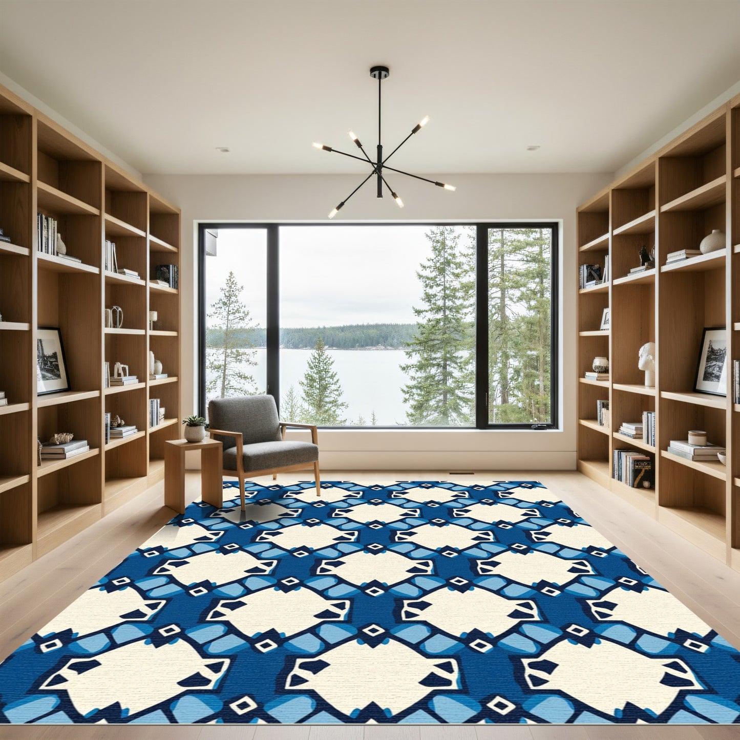 Deep Blue Ivory Geometric Lattice Rug