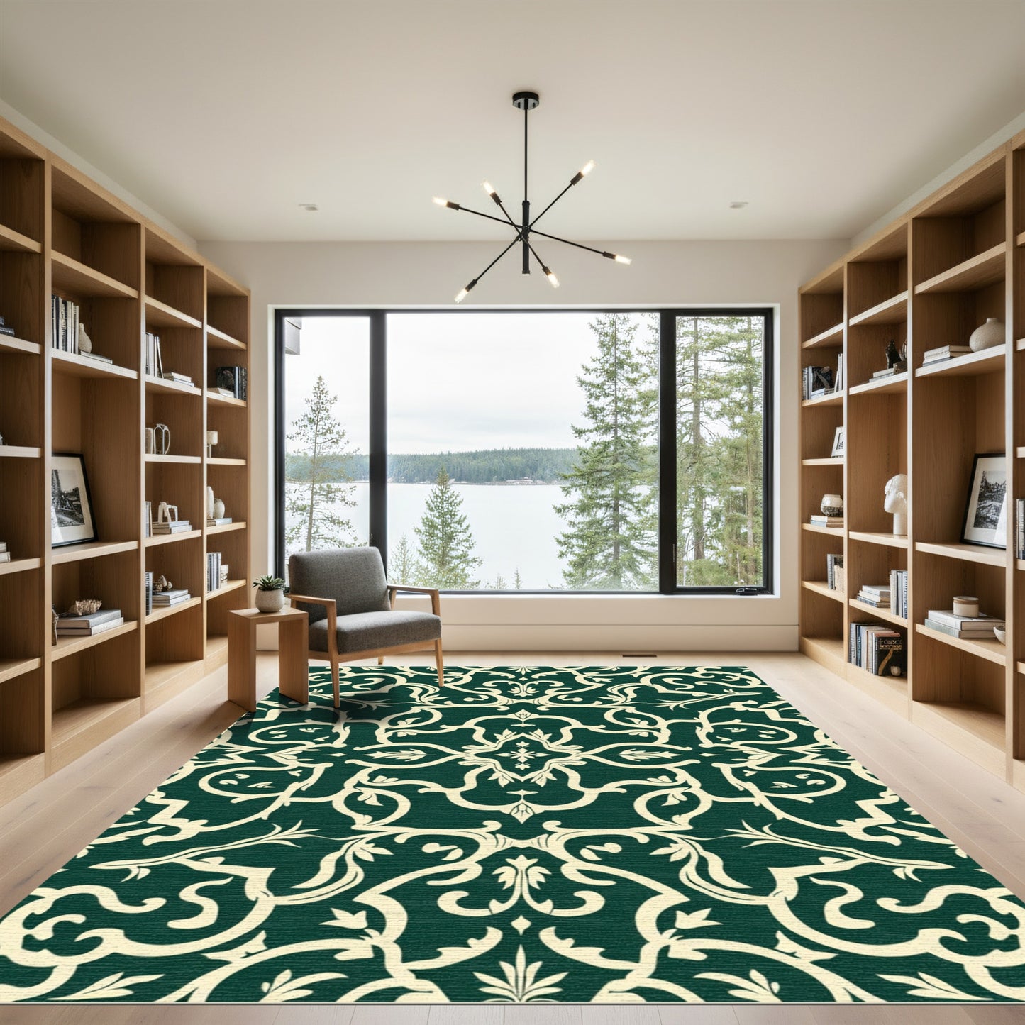 Classic Cream Emerald Damask Scrolls Rug