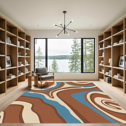 Brown Blue Cream Swirl Abstract Rug