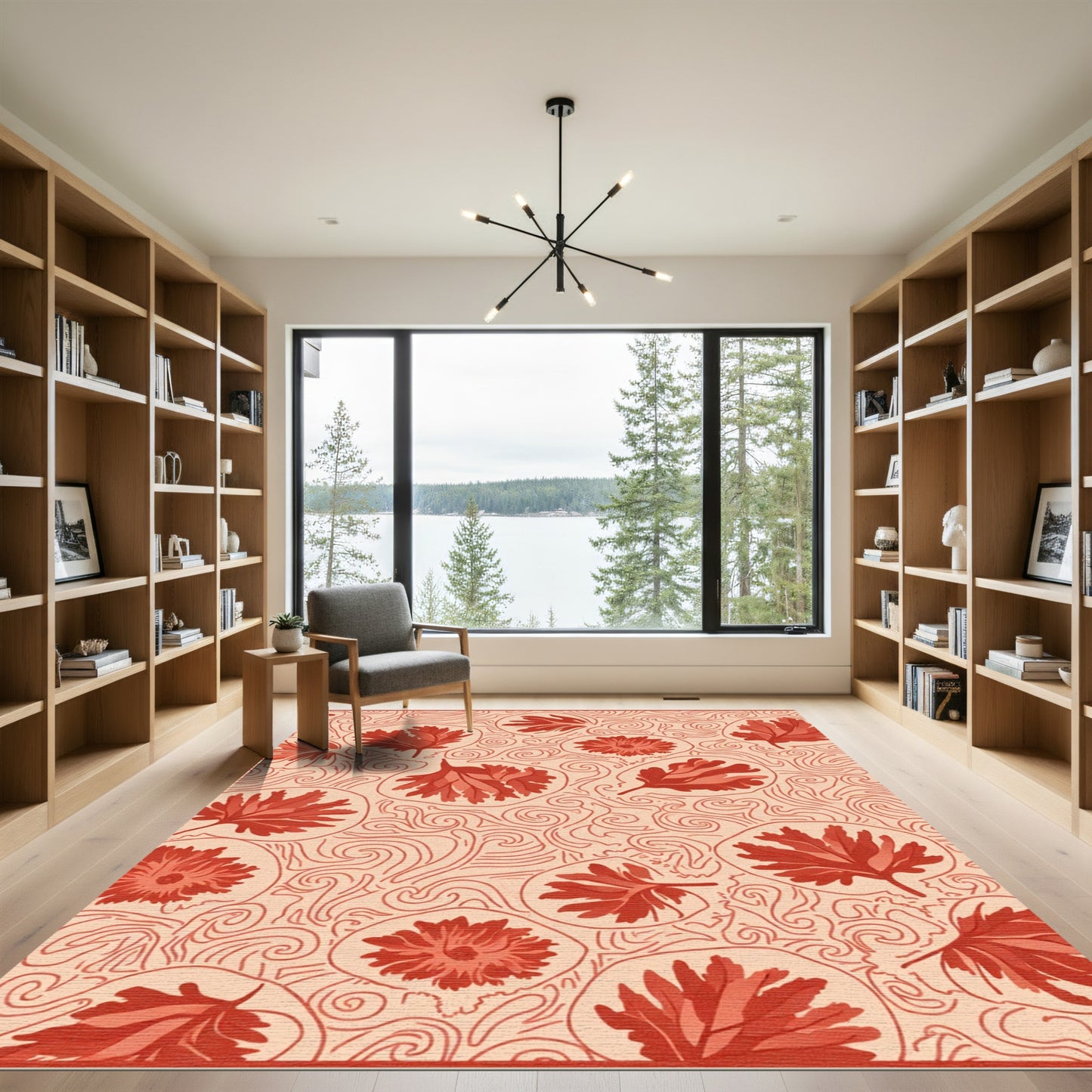 Coral Red Floral Swirls Rug