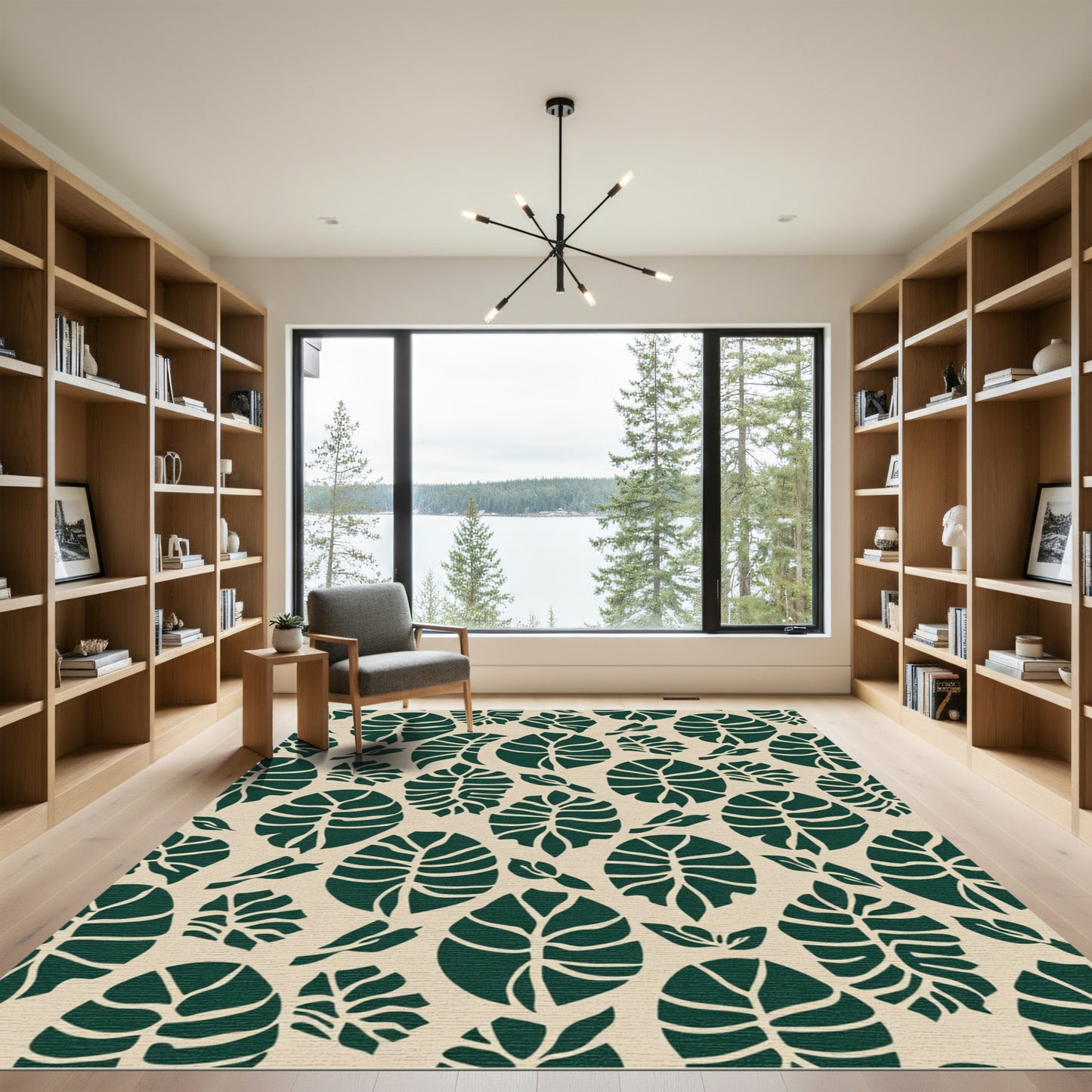 Deep Emerald Leaf Silhouette Pattern Rug