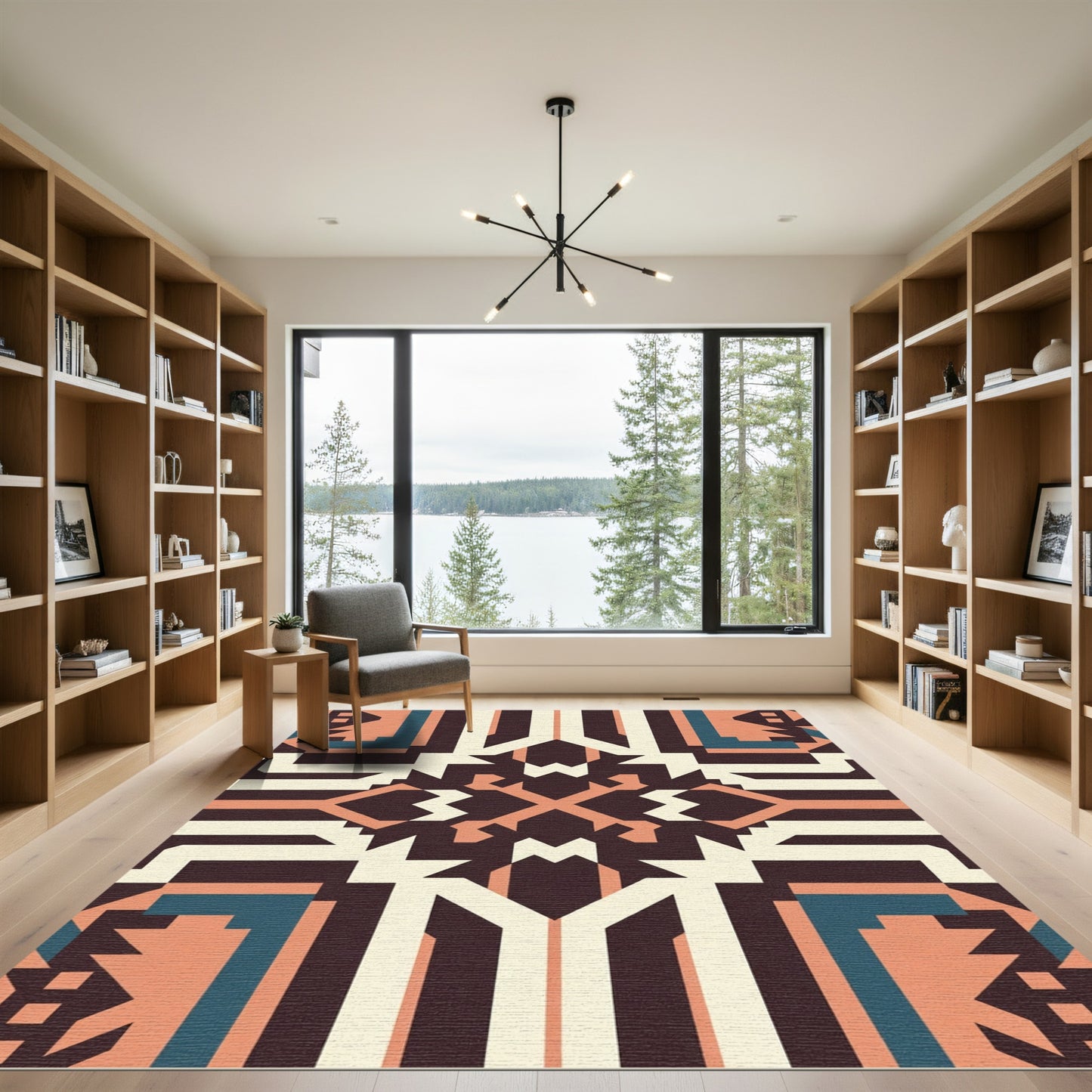 Geometric Coral Teal Ochre Abstraction Rug