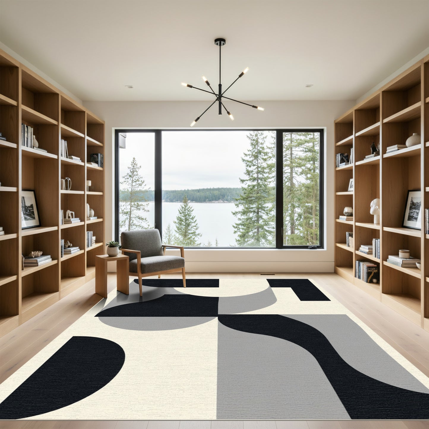 Abstract Black Gray Cream Curves Rug