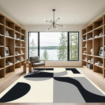 Abstract Black Gray Cream Curves Rug