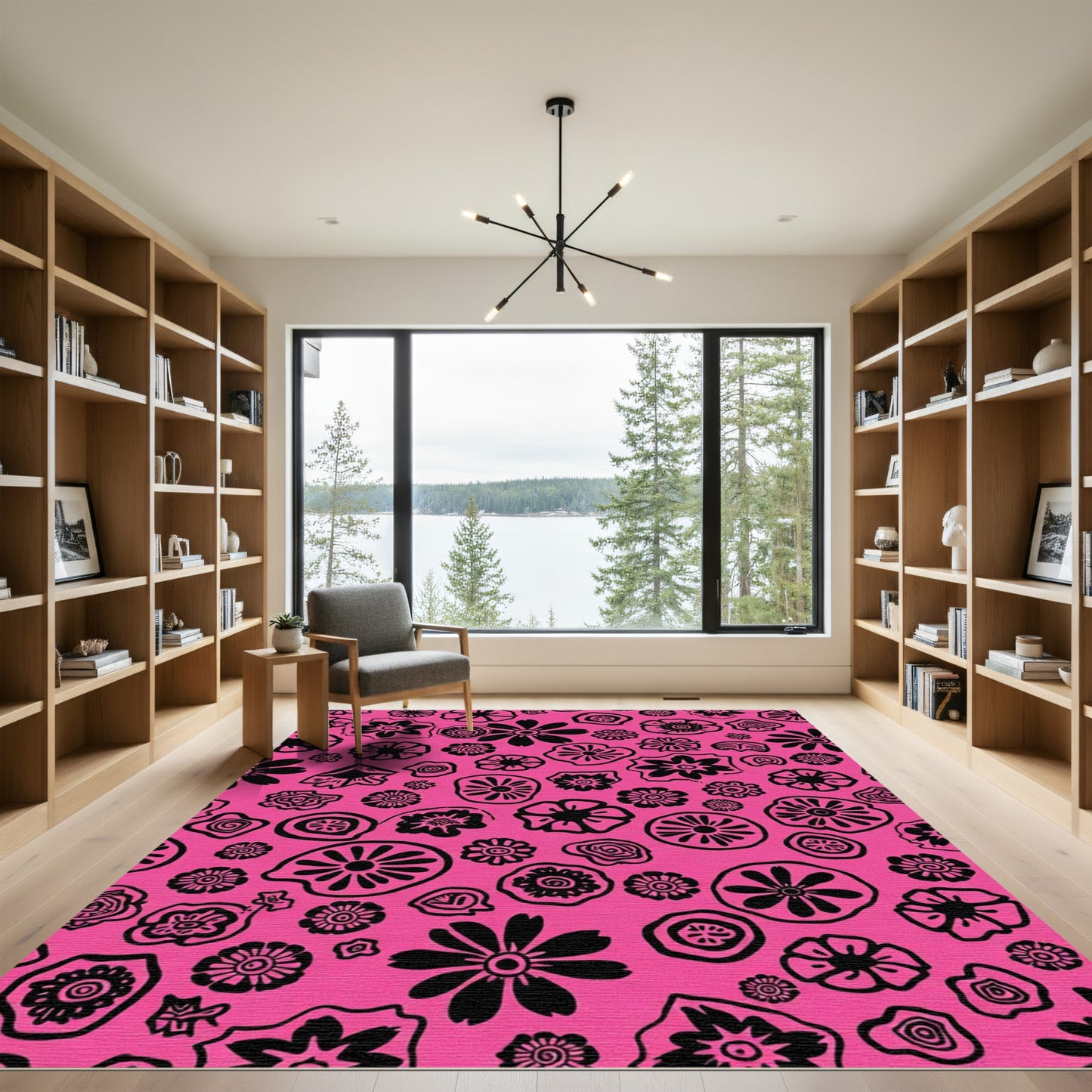 Pink Black Abstract Floral Collage Rug