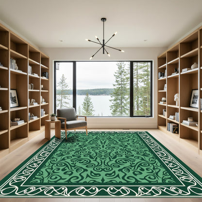 Emerald Green Swirl Damask Border Rug