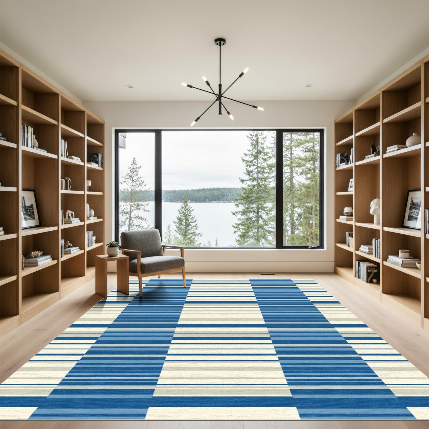 Modern Blue Cream Striped Rectangles Rug