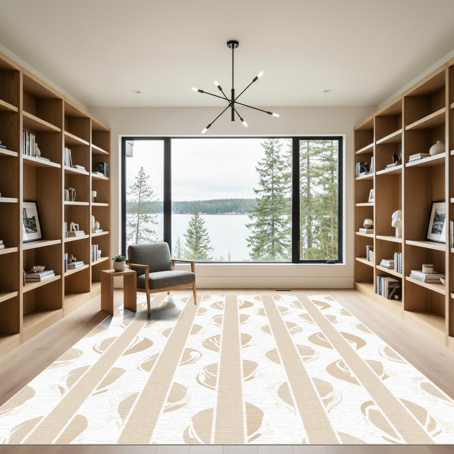 Soft Beige Striped Abstract Leaf Rug