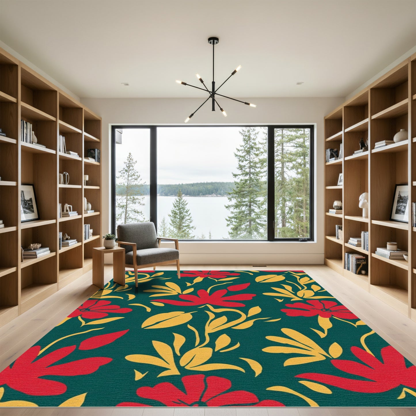 Crimson Red Yellow Floral Branching Rug