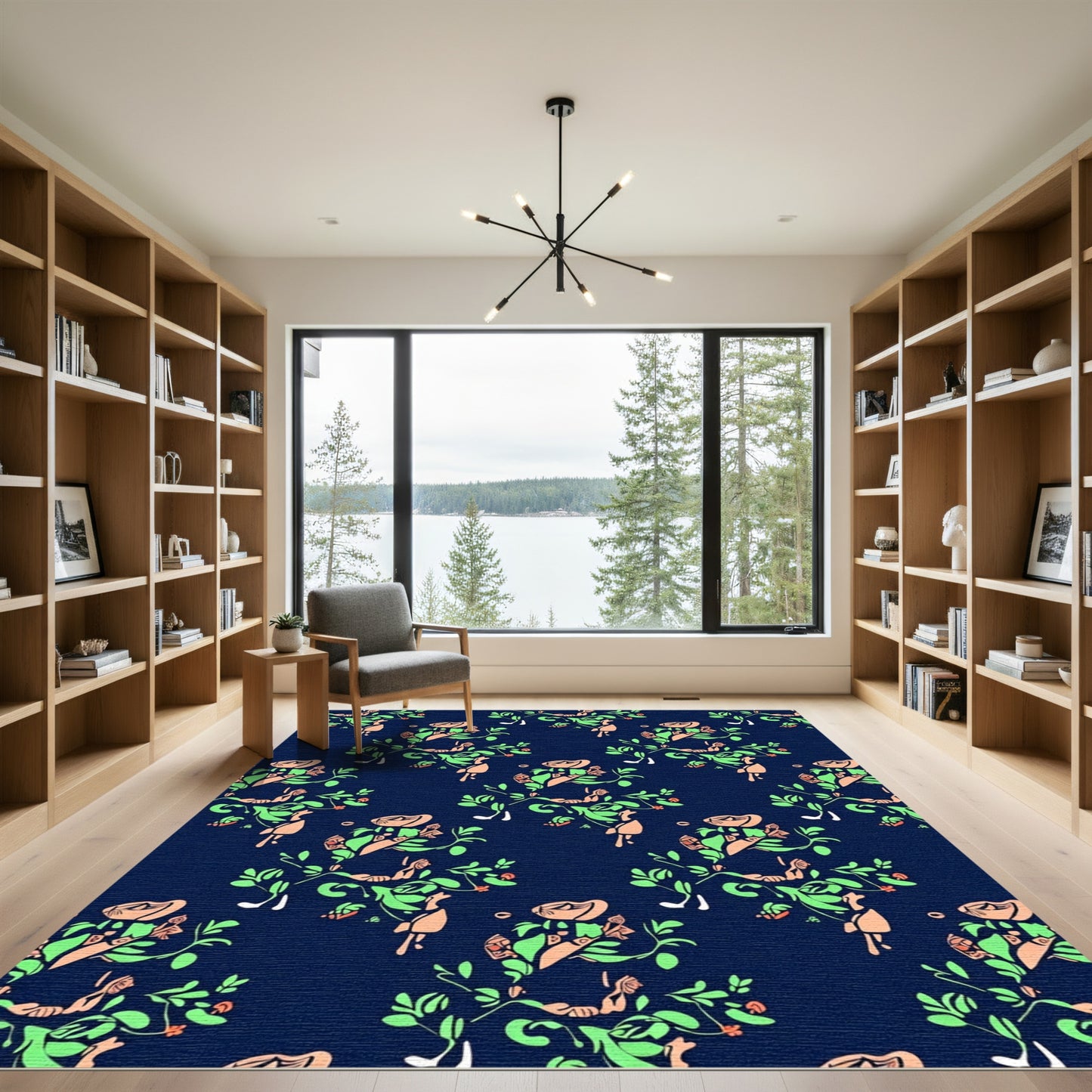 Navy Coral Green Floral Vines Rug