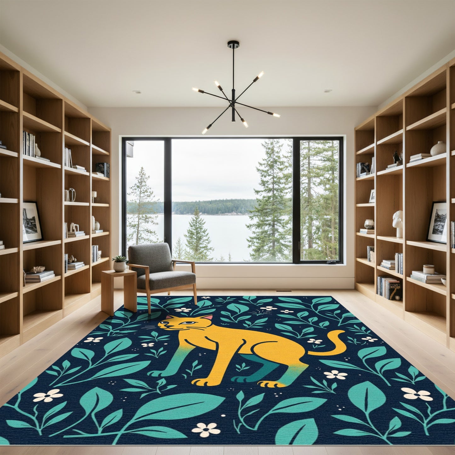 Golden Cat Teal Foliage Meadow Rug