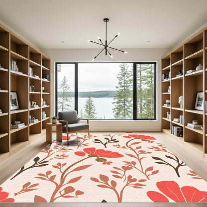 Warm Coral Floral Branch Composition Rug