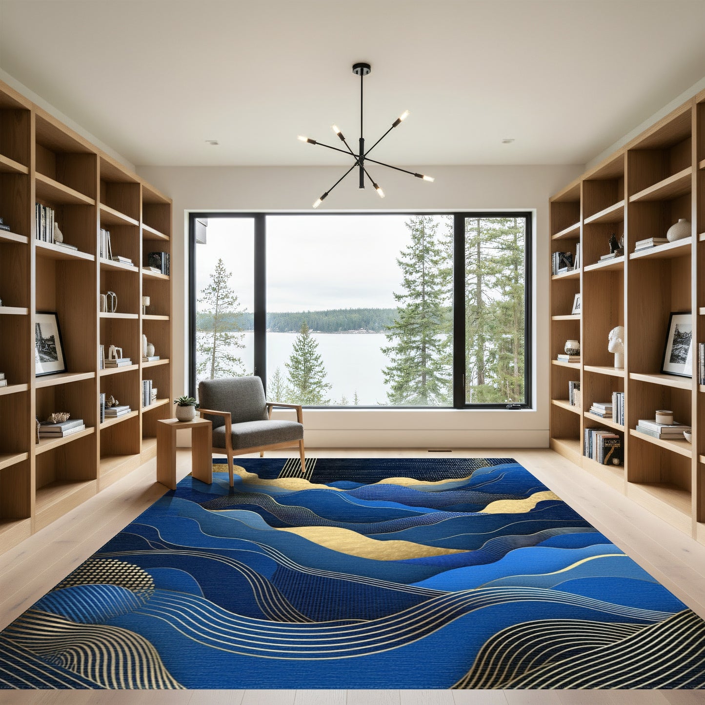Abstract Blue Gold Wavy Mountains Rug