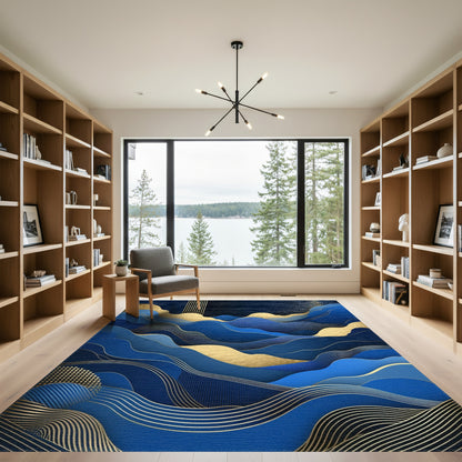 Abstract Blue Gold Wavy Mountains Rug