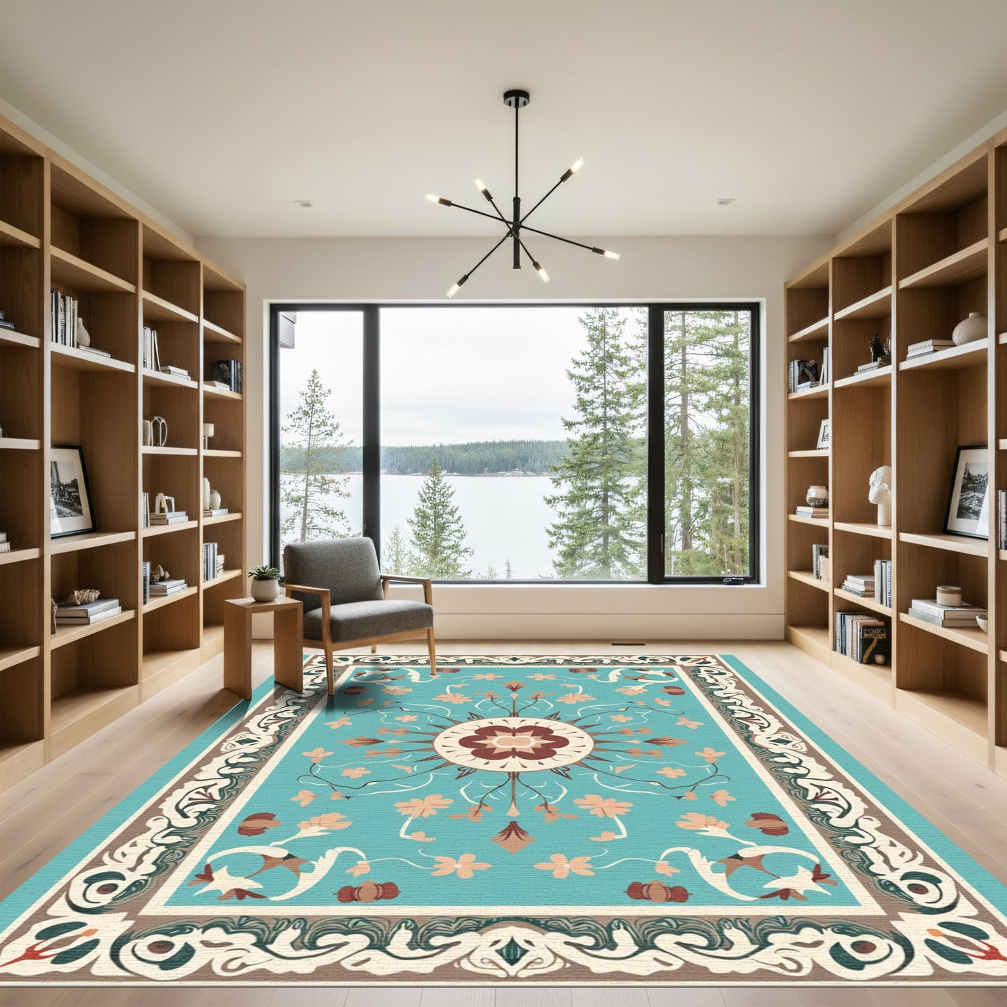Aqua Floral Medallion Border Rug