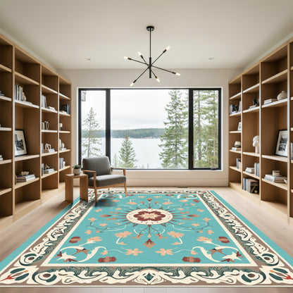 Aqua Floral Medallion Border Rug