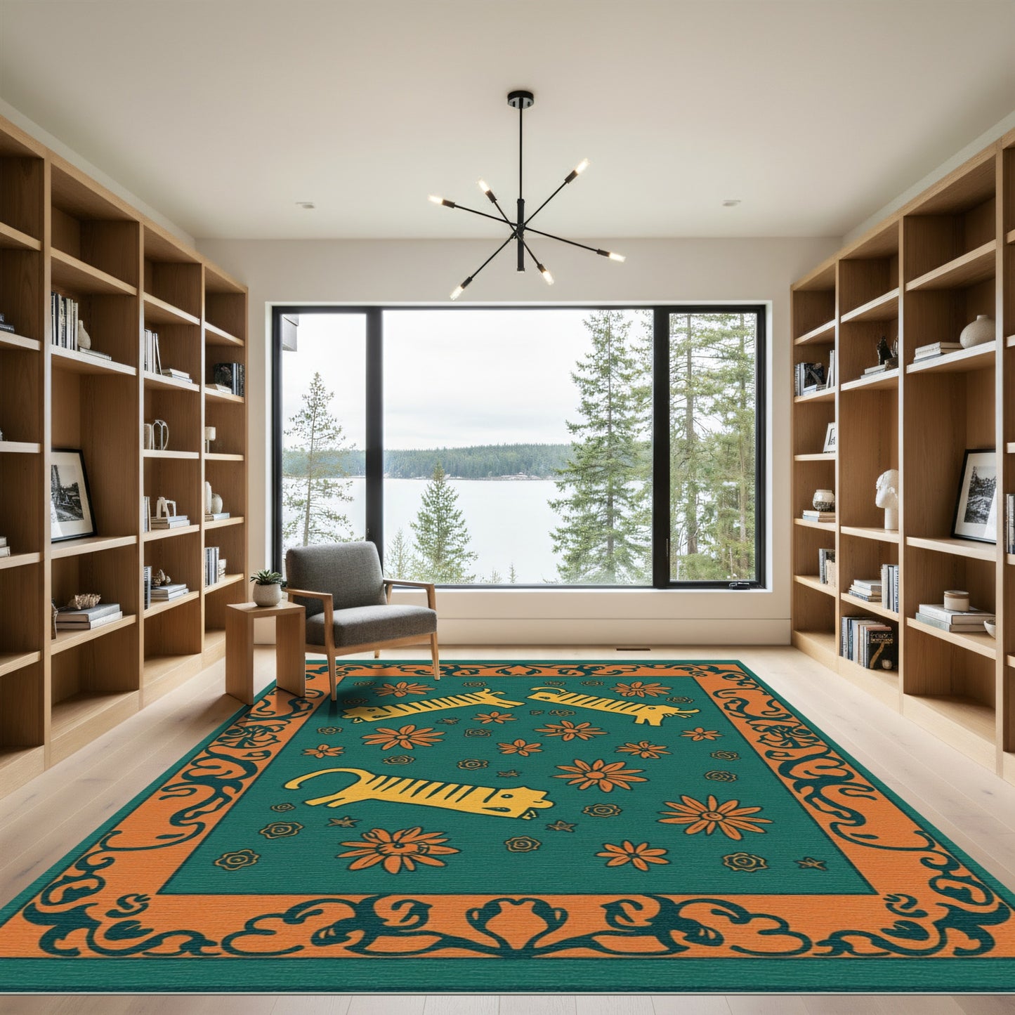 Orange Tiger Floral Swirls Rug
