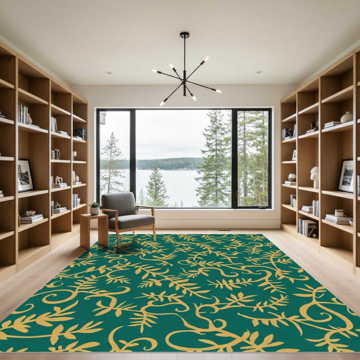 Emerald Green Gold Leaf Swirl Rug