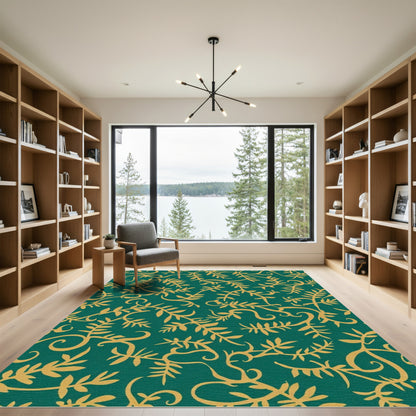 Emerald Green Gold Leaf Swirl Rug