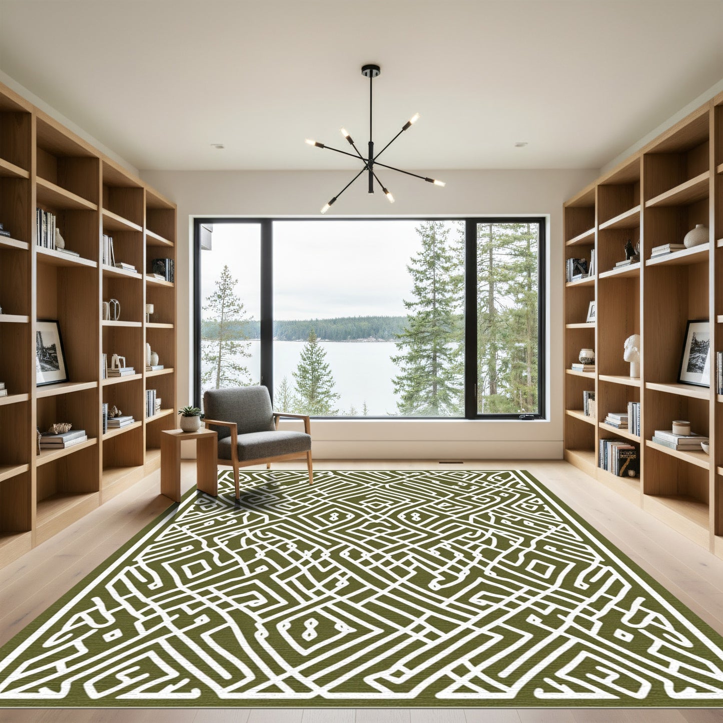 Olive White Geometric Maze Rug