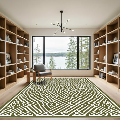 Olive White Geometric Maze Rug
