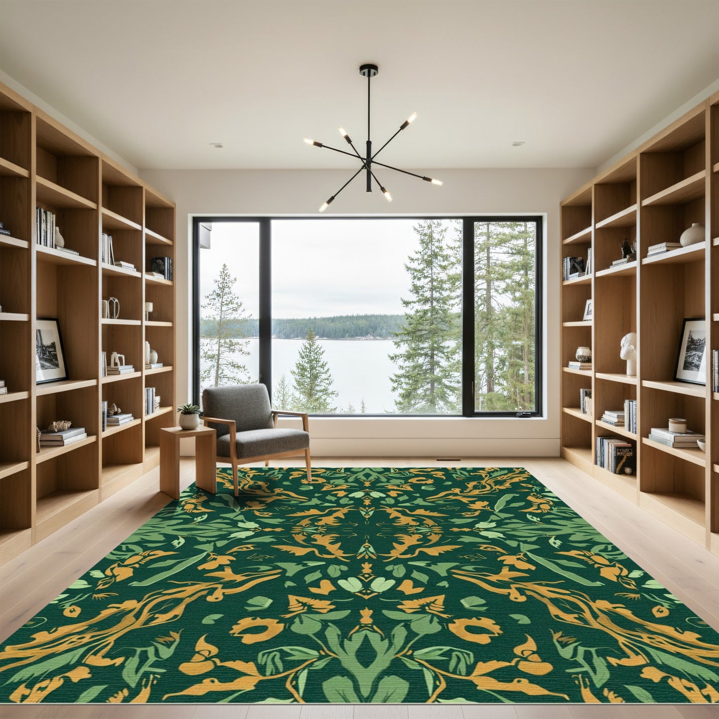 Emerald Green Golden Botanical Swirl Rug